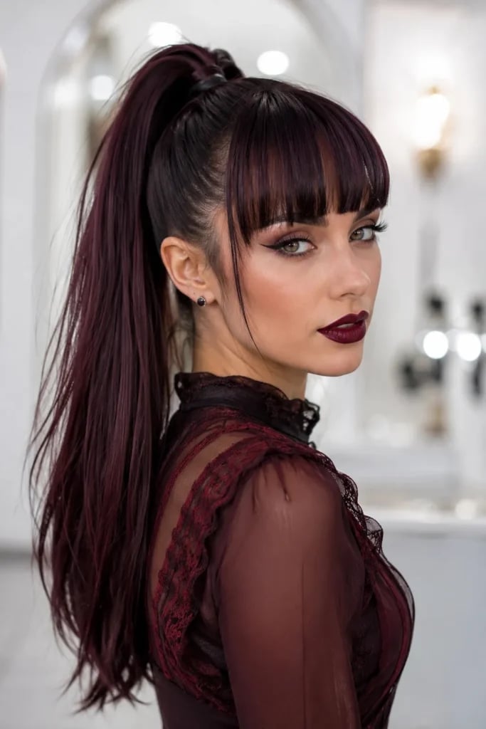 Dark Burgundy High Ponytail With Full Fringe — Vampire Haircut