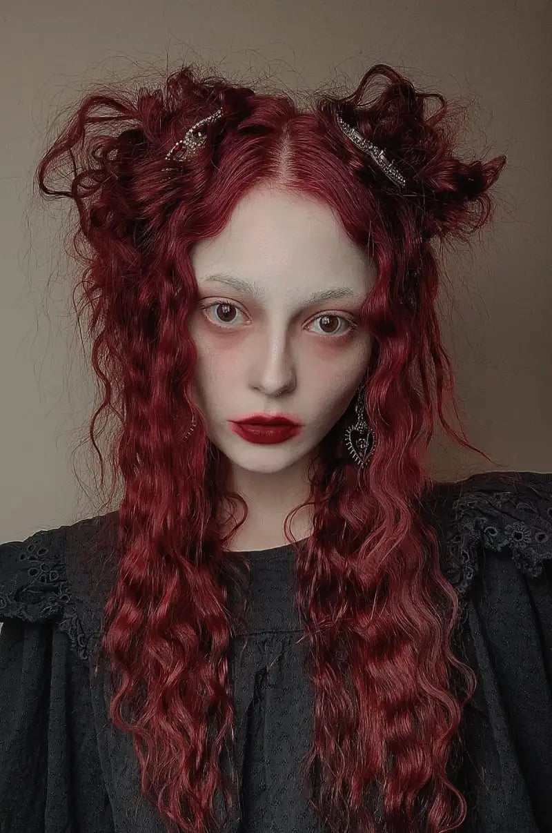 Dark Red Mid-Back Ponytail With Full Fringe, Long Layers — Vampire Haircut