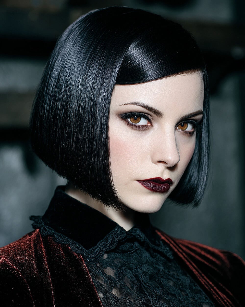 Sleek Chin Length Bob With Blunt Fringe — Vampire Haircut