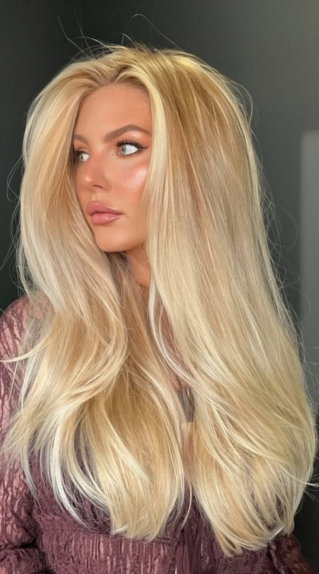 Creamy Vanilla Blonde Hair Colour Sleek Long Hairstyle : Luxury Blonde with Soft Dimension