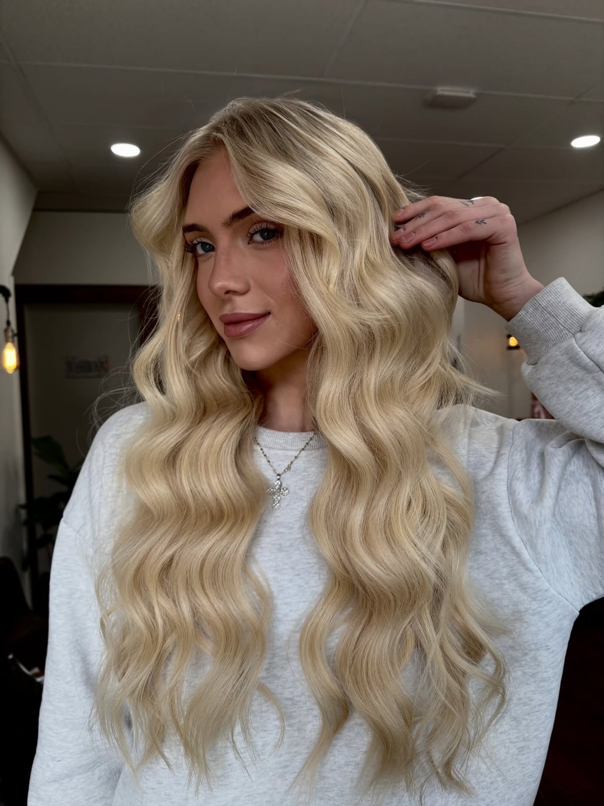 Mid-Back Creamy Vanilla Blonde With Curtain Bangs, Close-Up Take Mid-Back Creamy Vanilla Blonde With Curtain Bangs, Close-Up Take