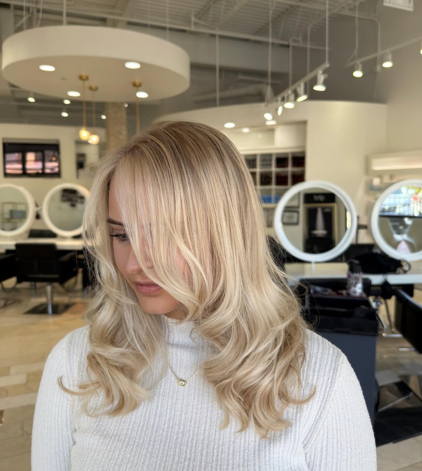 Mid-Back Creamy Vanilla Blonde With Curtain Bangs, Office-Safe Version Mid-Back Creamy Vanilla Blonde With Curtain Bangs, Office-Safe Version