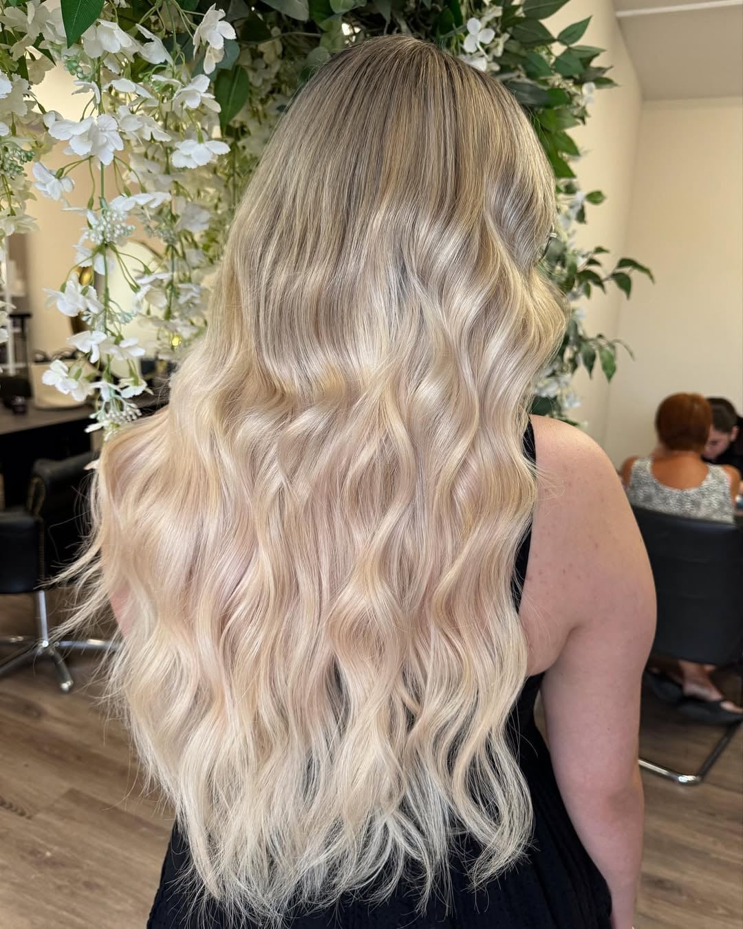 Mid-Back Vanilla Blonde With Balayage, Long Layers Mid-Back Vanilla Blonde With Balayage, Long Layers