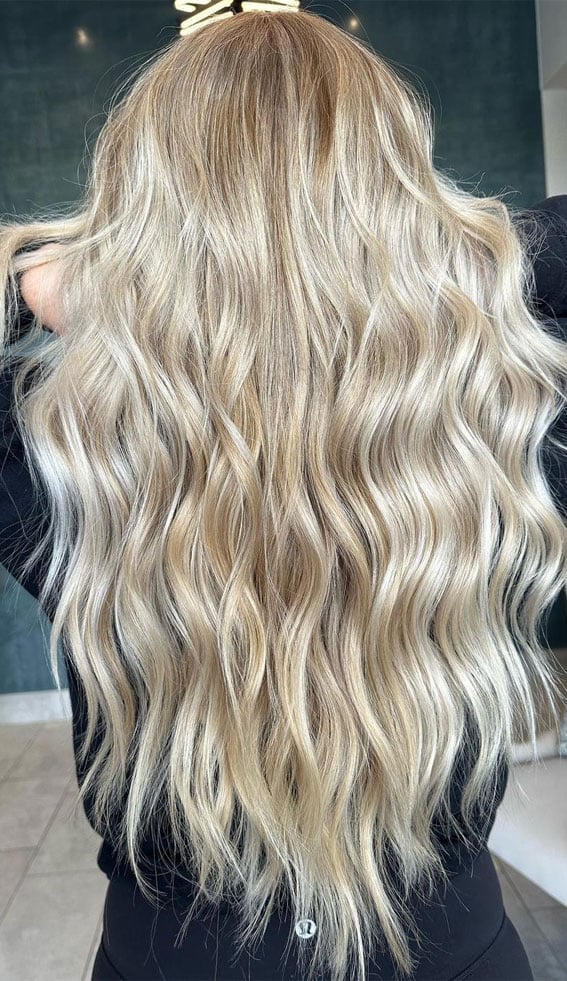 Mid-Back Vanilla Blonde With Balayage Dimension, Wavy Mid-Back Vanilla Blonde With Balayage Dimension, Wavy