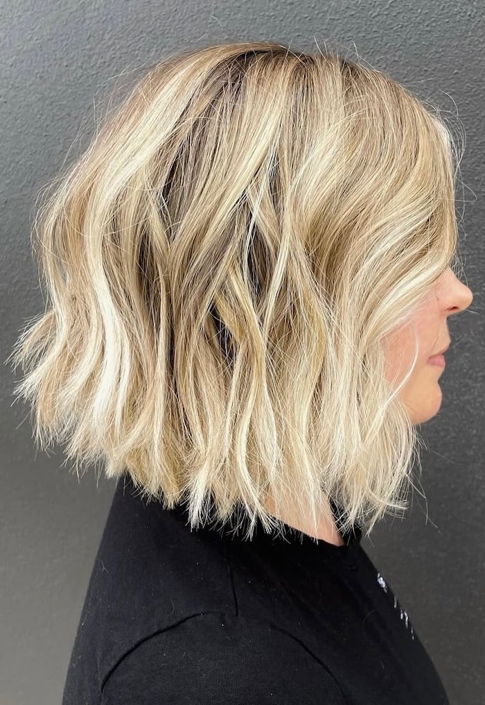 Chin Length Textured Bob With Vanilla Blonde Highlights Chin Length Textured Bob With Vanilla Blonde Highlights