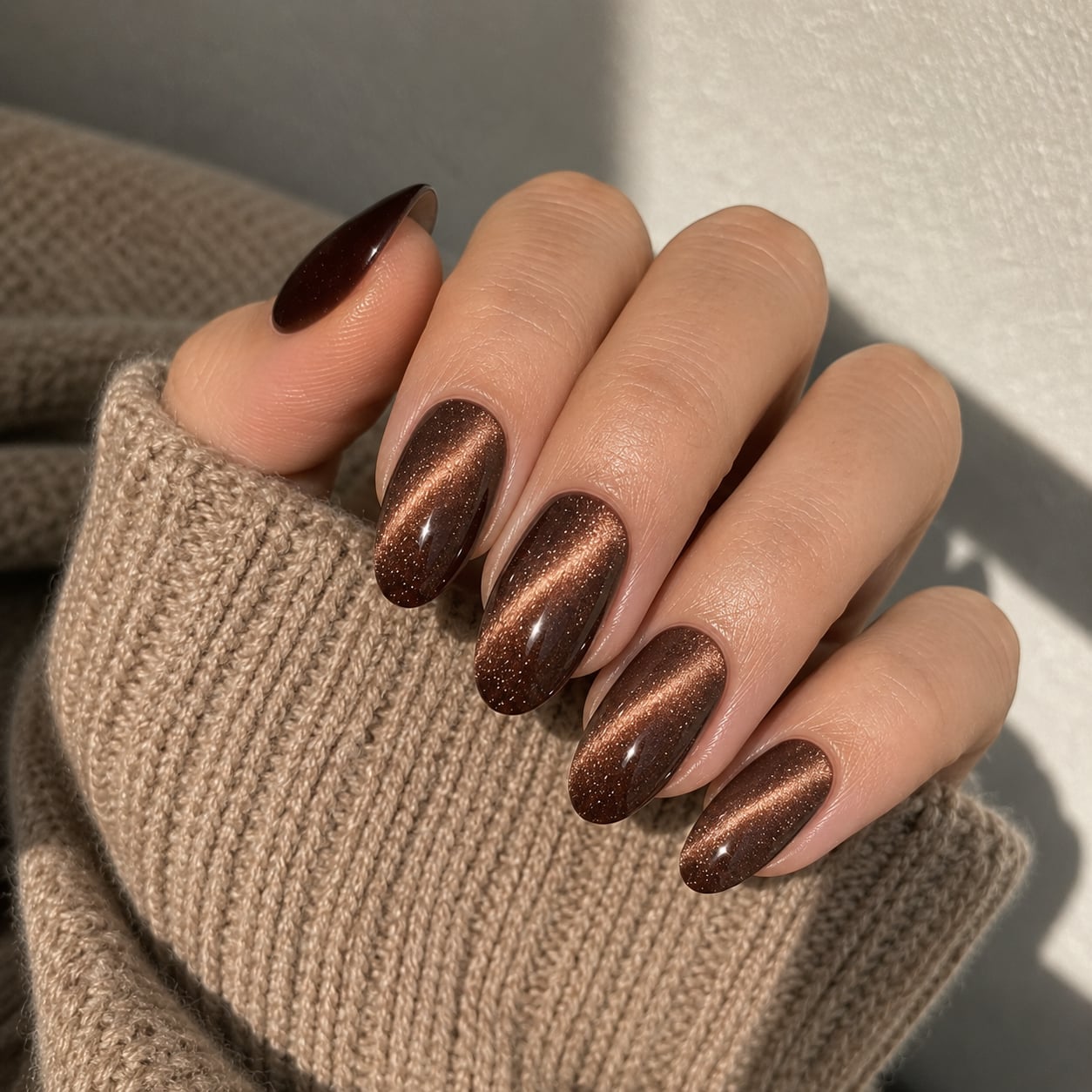 Short Almond Deep Brown Gold Cat-Eye, Creating A Dynamic — Velvet Nails