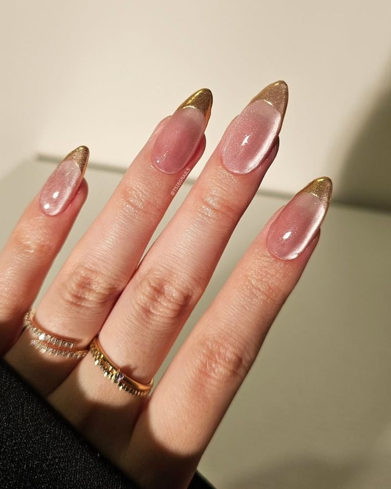 Medium Almond Sheer Pink Cat-Eye Gold French — Velvet Nails