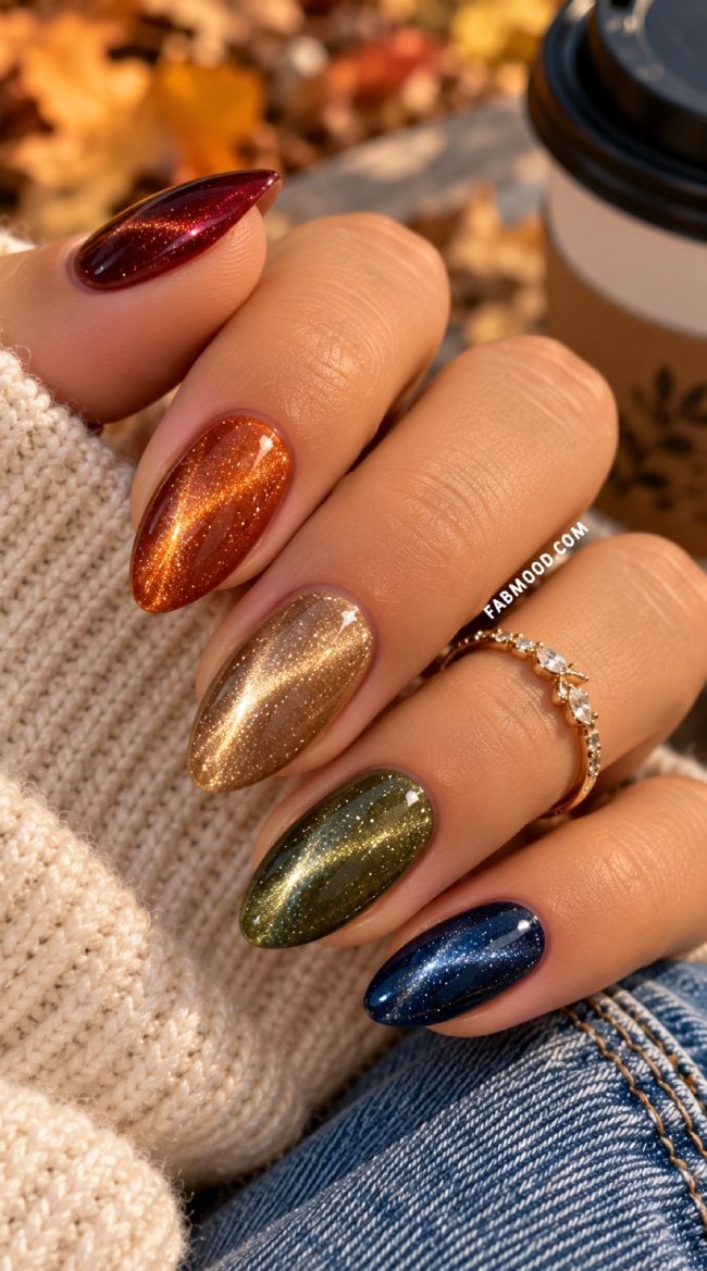 Almond Autumn Cat-Eye Glitter Variety — Velvet Nails