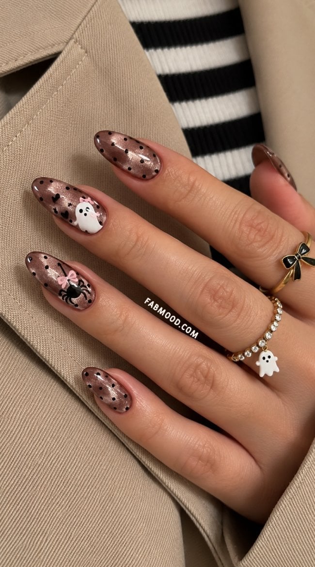 Medium Almond Bronze Cat-Eye Polka Dot Ghost — Velvet Nails