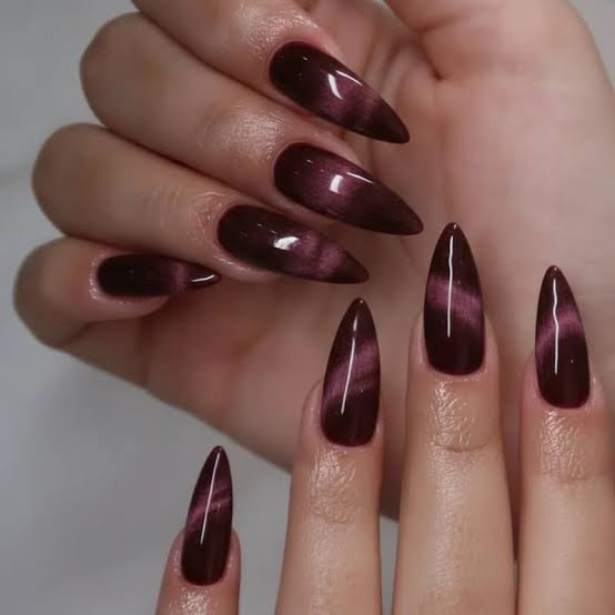 Long Almond Burgundy Pink Velvet Cat-Eye, кошачий глаз — Velvet Nails