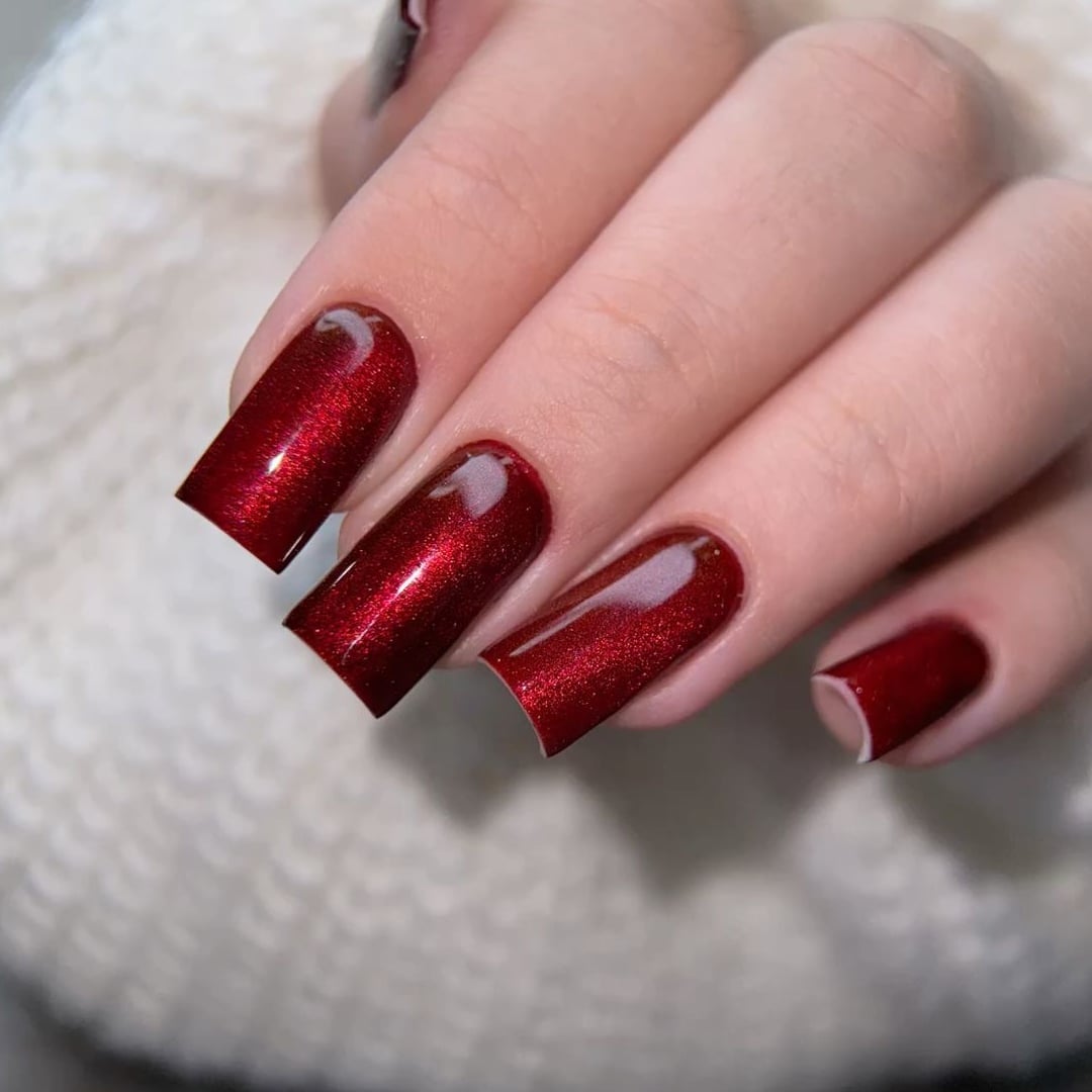 Long Squoval Deep Red Cat-Eye — Velvet Nails