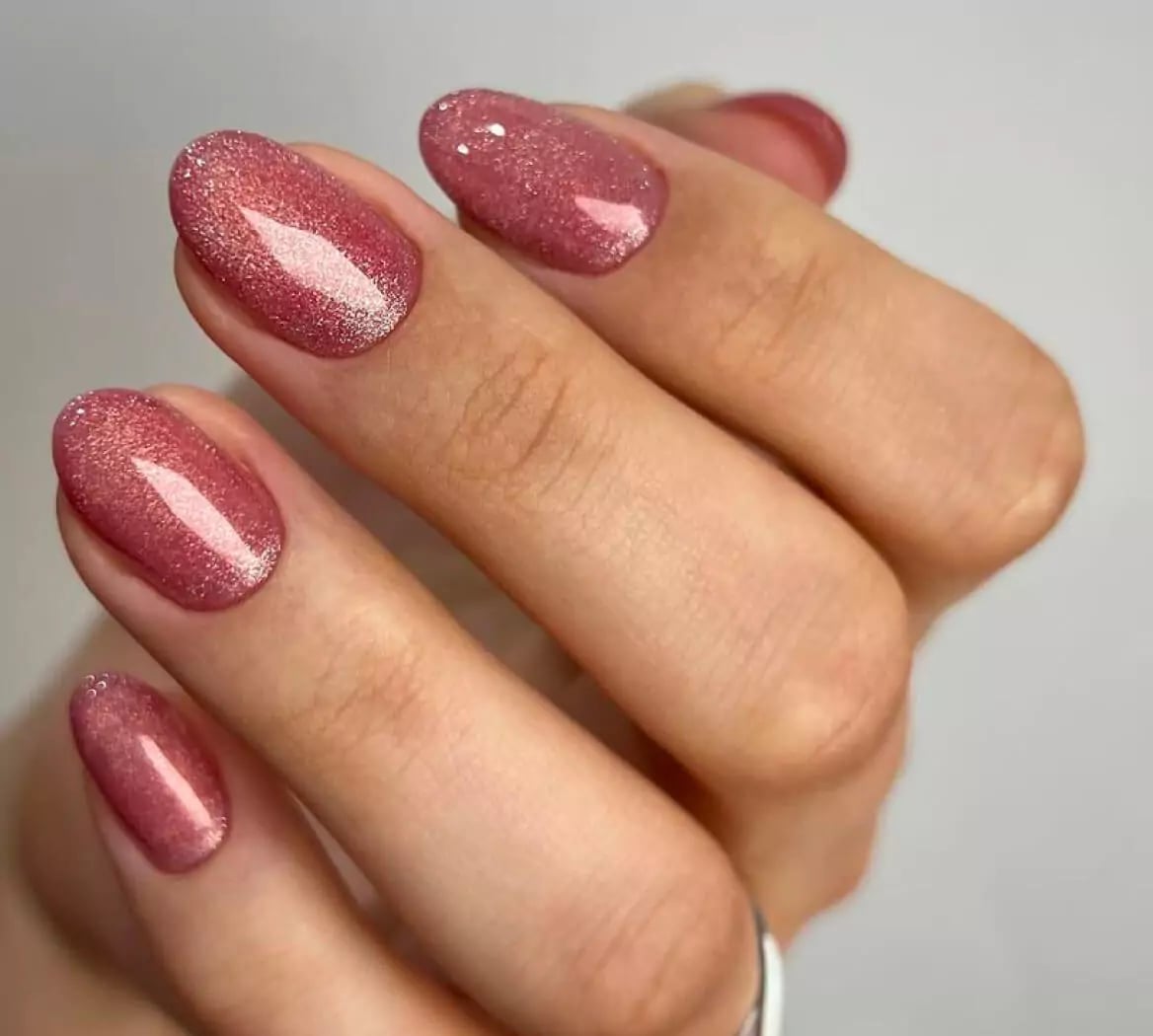 Short Oval Rose Gold Pink Glitter — Velvet Nails