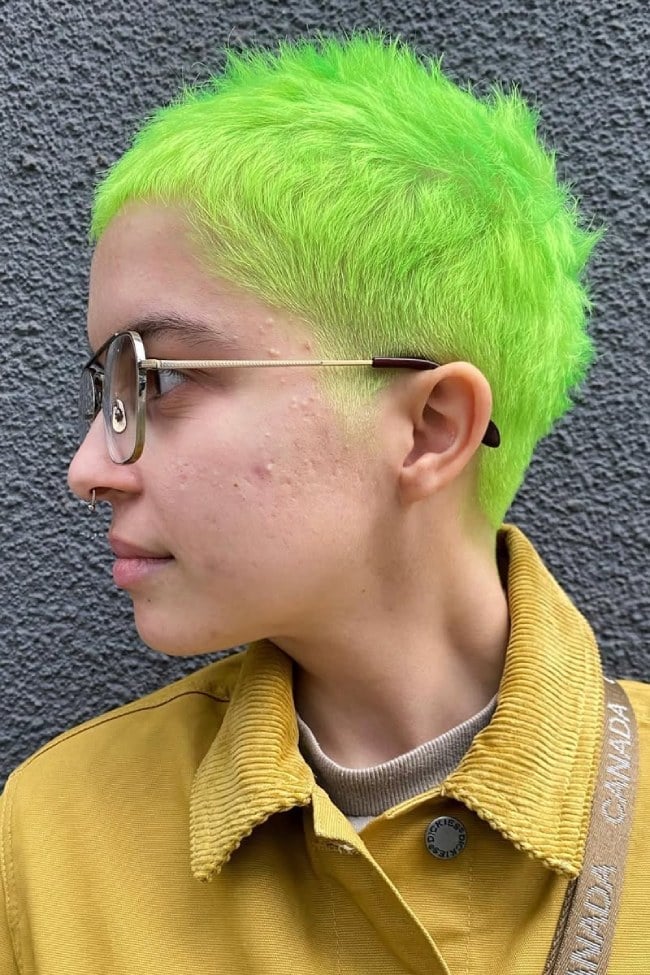 32 Modern Very Short Pixie Hair Trends : Neon Lime Green Textured Buzz Cut