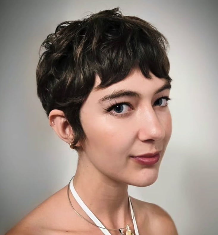 Dark Brown Curly Pixie With Wispy Bangs — Very Short Haircuts