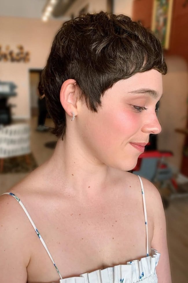 Chocolate Brown Pixie Crop With Textured Bangs — Very Short Haircuts