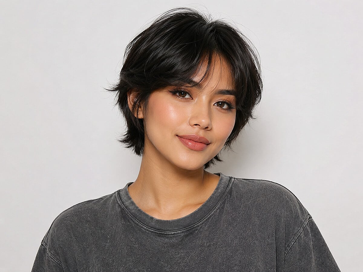 Dark Brown Shag Bob With Curtain Bangs, Textured Layers — Very Short Haircuts
