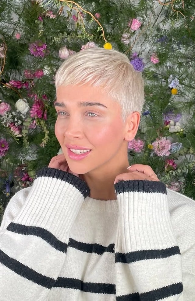 Platinum Blonde Pixie With Textured Fringe, Ear Length — Very Short Haircuts