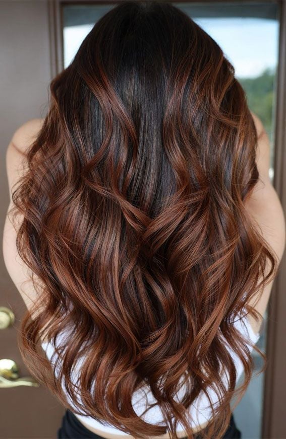 Back View Dark Brown With Copper Highlights — Warm Brown Hair