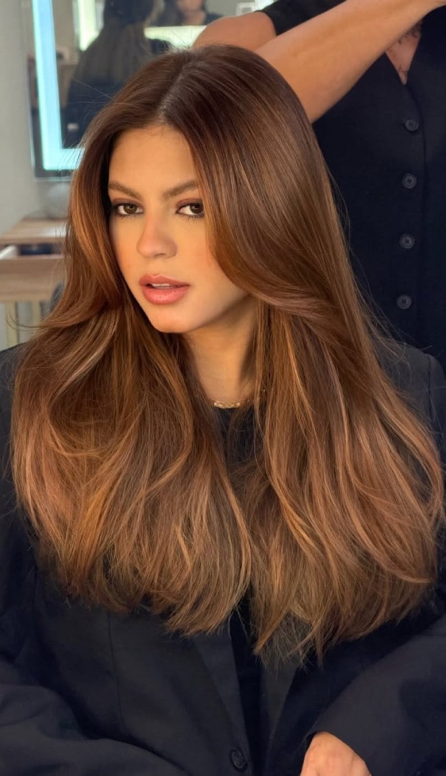 Mid-Back Length Light Cinnamon Mocha Waves — Warm Brown Hair
