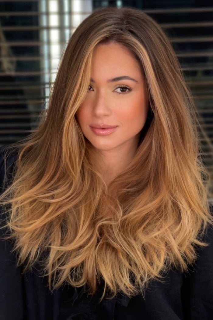 Shoulder Length Warm Golden Brunette With Highlights — Warm Brown Hair