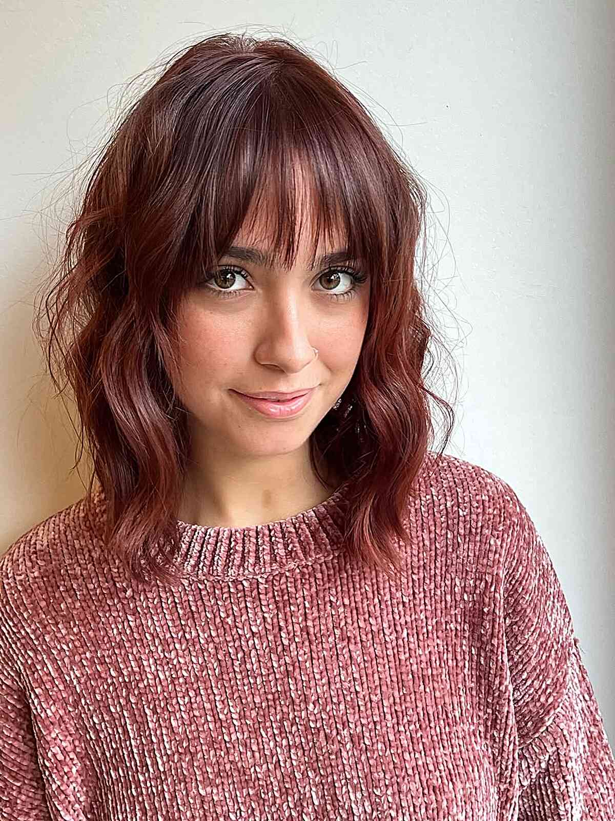 Reddish Brown Bob With Full Fringe — Wavy Bob