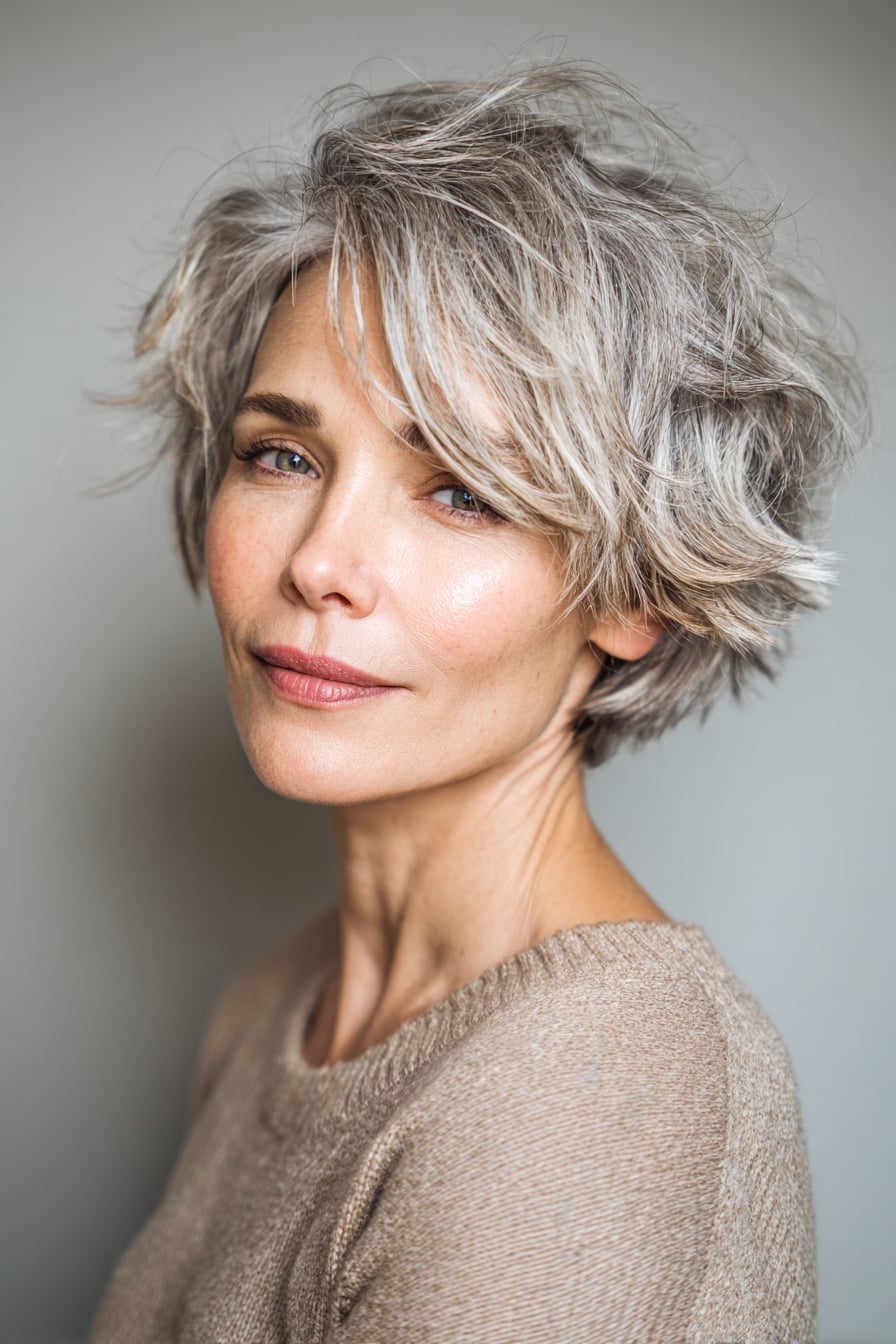 Short Gray Shag With Curtain Bangs Short Gray Shag With Curtain Bangs — Wavy Haircuts