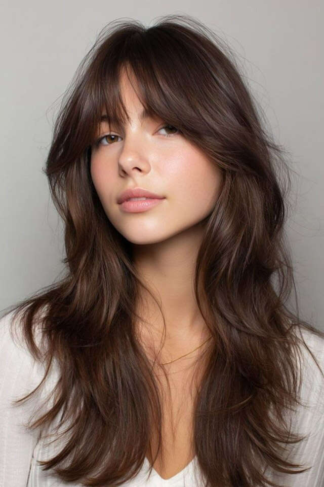Collarbone Dark Brown Hair With Curtain Bangs Collarbone Dark Brown Hair With Curtain Bangs — Wavy Haircuts