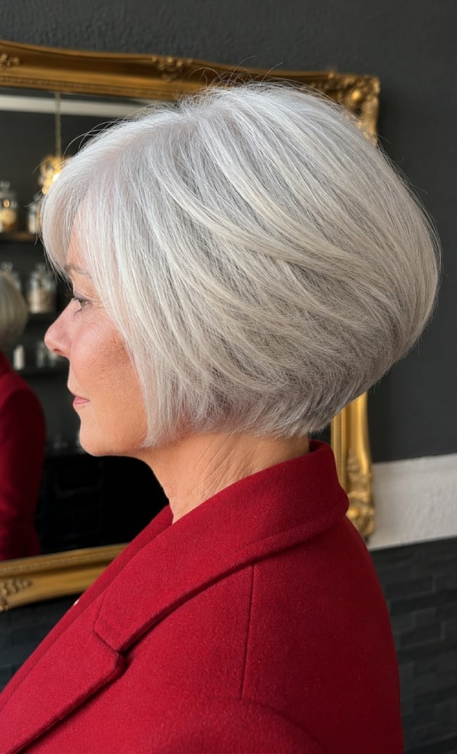 Silver White Stacked Bob With Blunt Bangs — White Hair