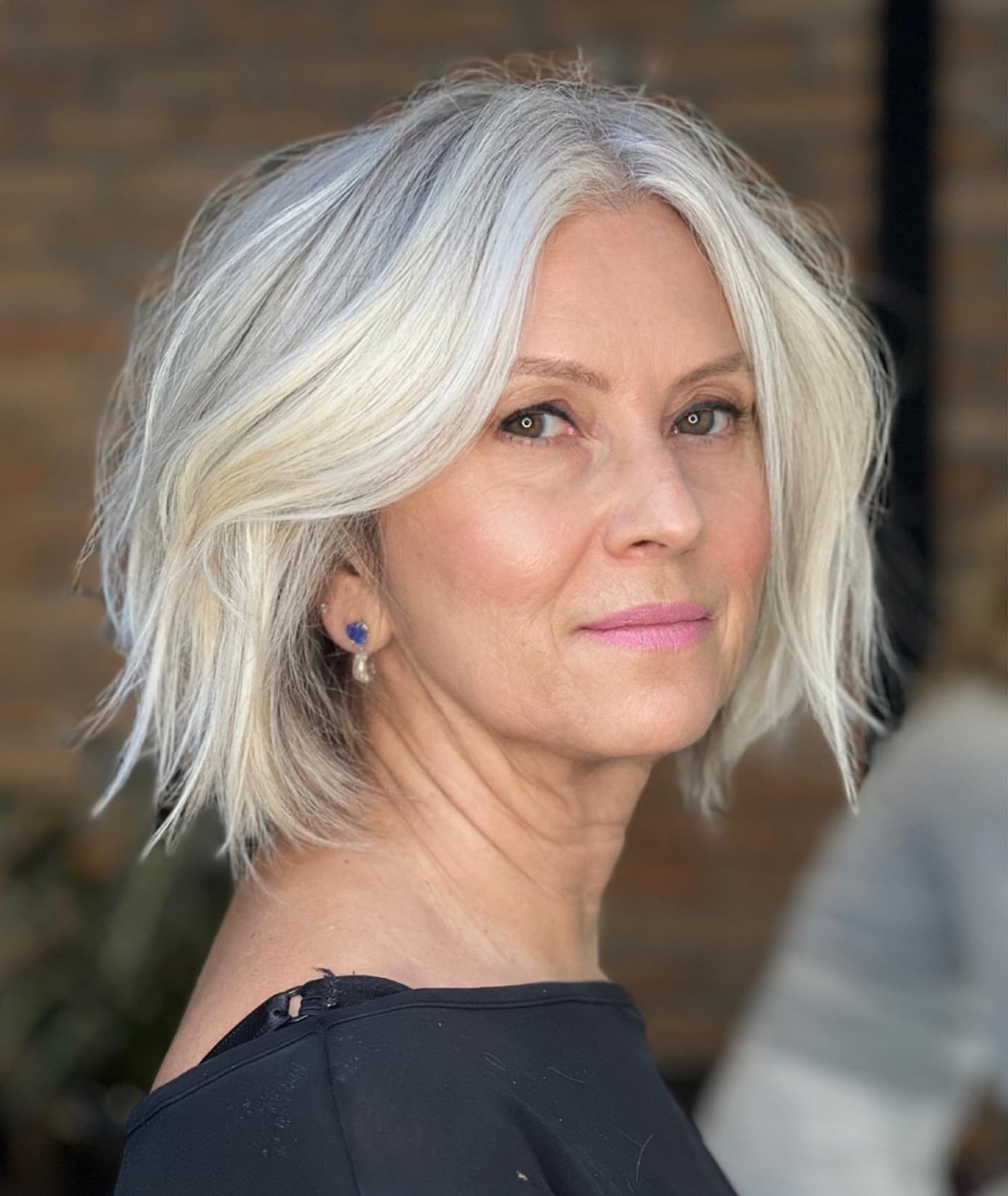 Shoulder Length White Layered Bob With Curtain Bangs — White Hair