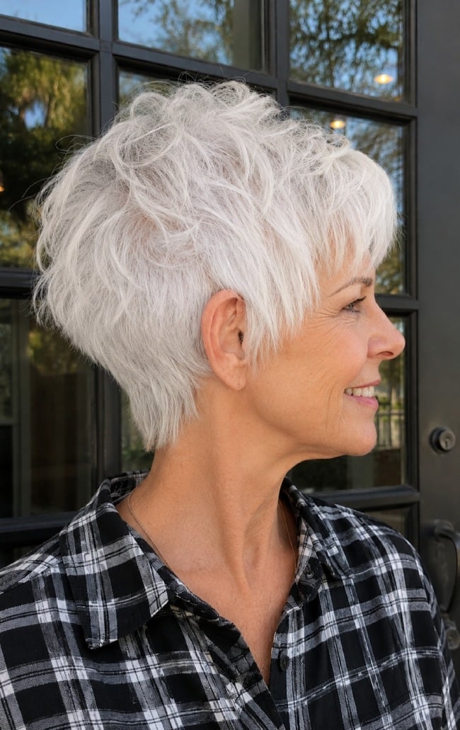 Short White Pixie With Choppy Bangs — White Hair