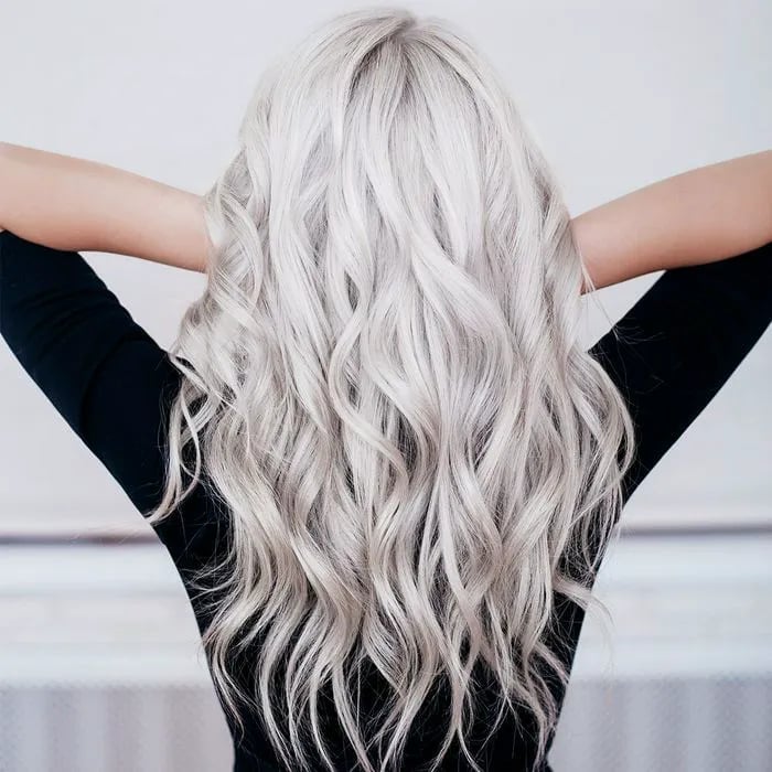 Cascading Mid-Back White Waves, Wavy — White Hair