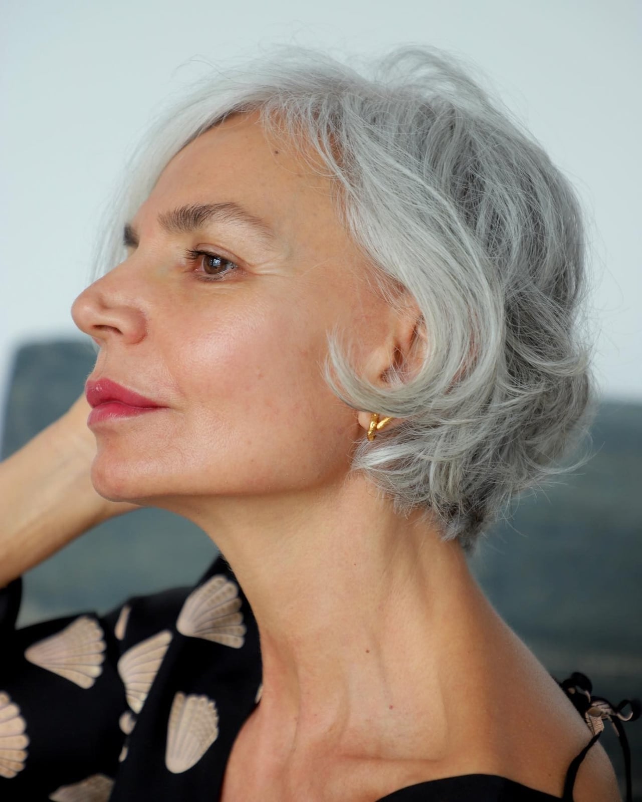 Ear Length White Bob With Wispy Curtain Bangs, Close-Up Take — White Hair