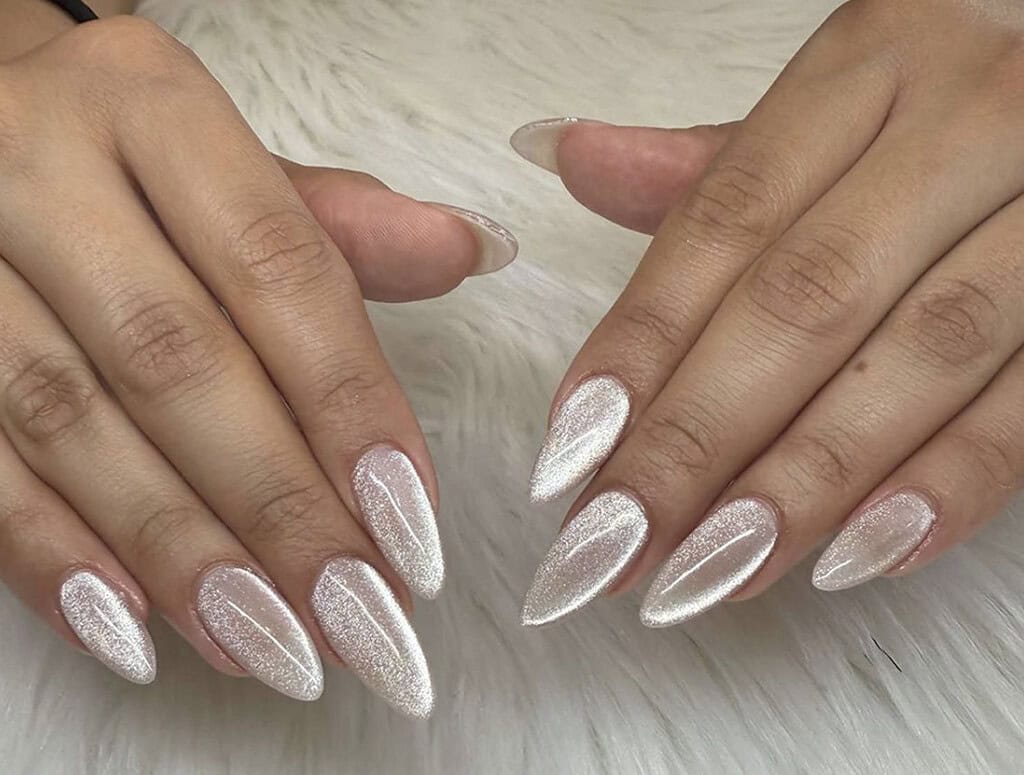 Sheer White Silver Cat-Eye Medium Almond Nails — White Nails