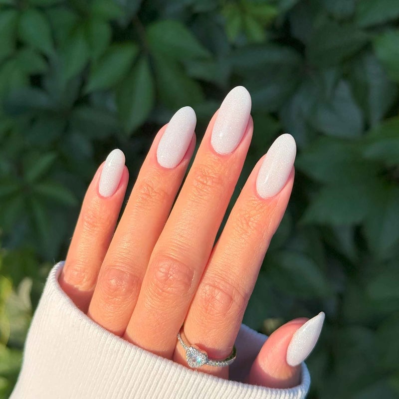 White Glitter Medium Oval Nails — White Nails