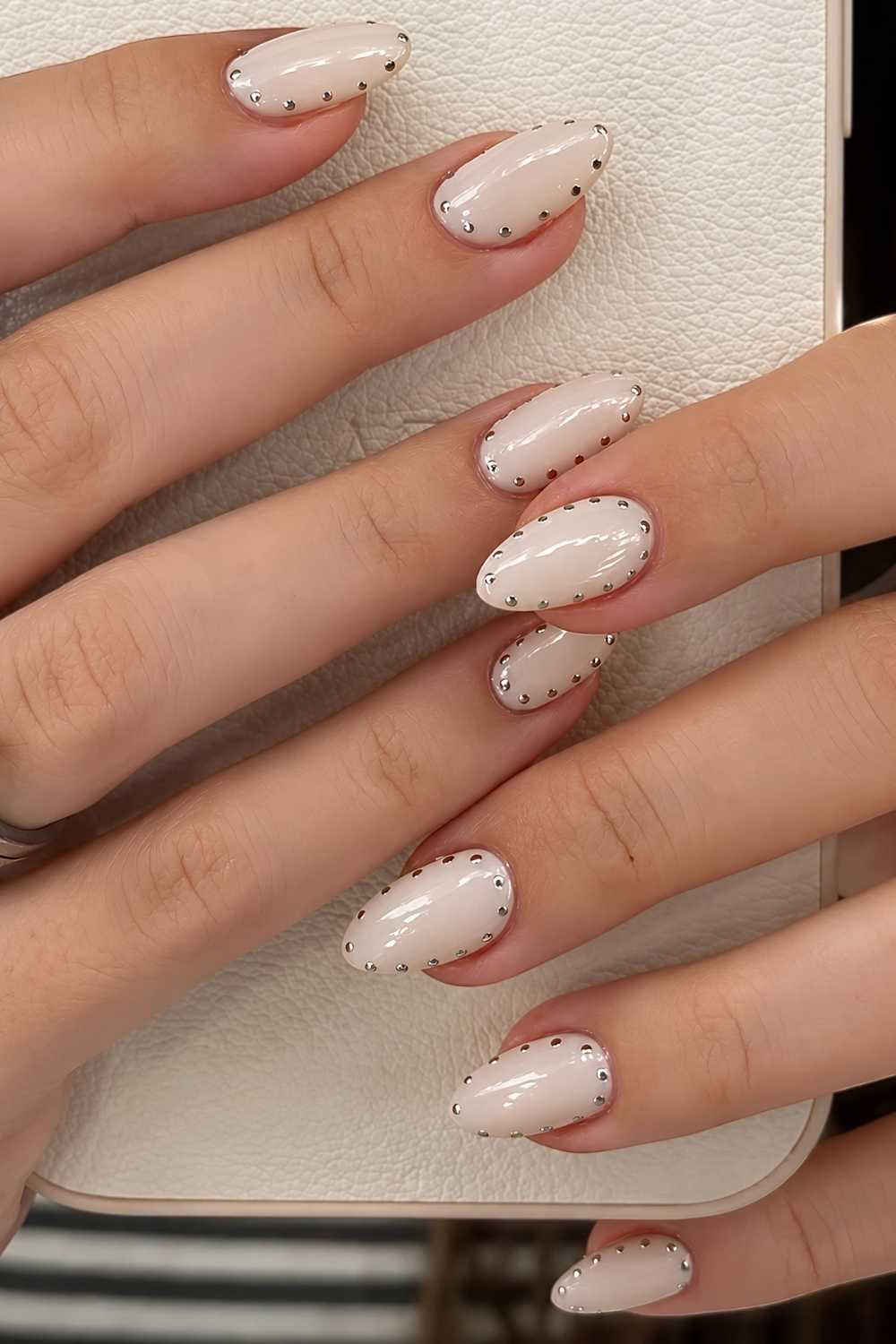 Beige-White Studded Medium Almond Nails — White Nails