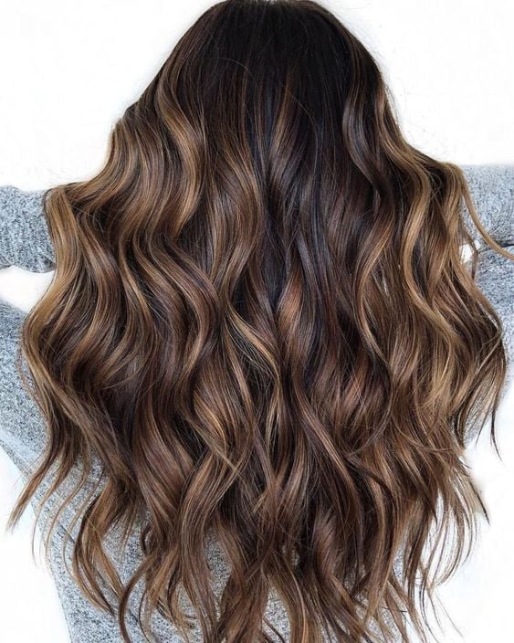Dark Brown With Caramel Balayage, Wavy Thick Dark Brown With Caramel Balayage, Wavy Thick — Winter Balayage