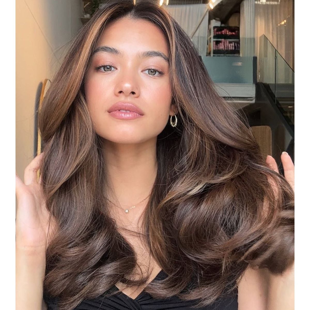 Dark Brown With Caramel Balayage Lob Dark Brown With Caramel Balayage Lob — Winter Balayage