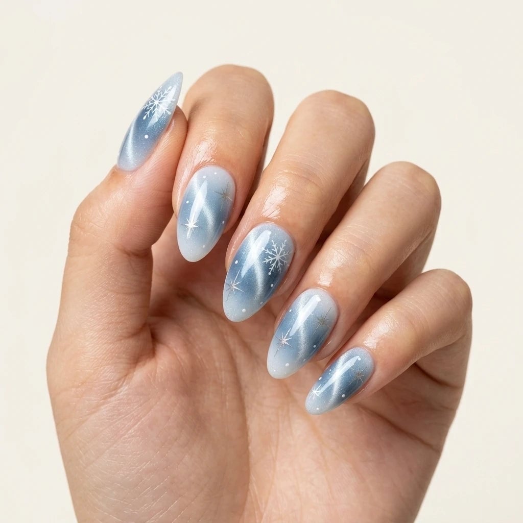 Ice Blue Silver White Cat Eye Ombre Almond Press On Nails – Mophonic