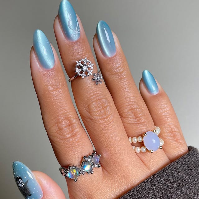 Soft Blue Snowflake Glitter Almond Nails, Glossy Soft Blue Snowflake Glitter Almond Nails, Glossy — Winter Blue Nails