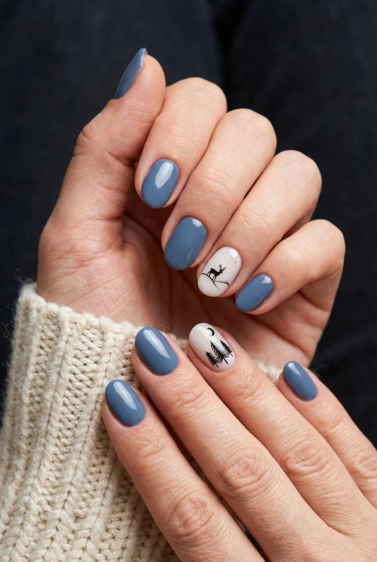 Medium Blue Winter Scene Short Oval Nails Medium Blue Winter Scene Short Oval Nails — Winter Blue Nails