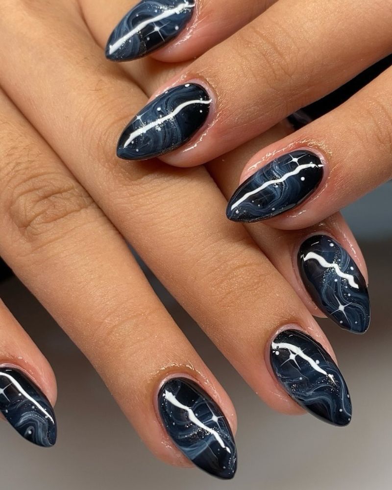 Dark Blue Galaxy Swirl Almond Nails Dark Blue Galaxy Swirl Almond Nails — Winter Blue Nails