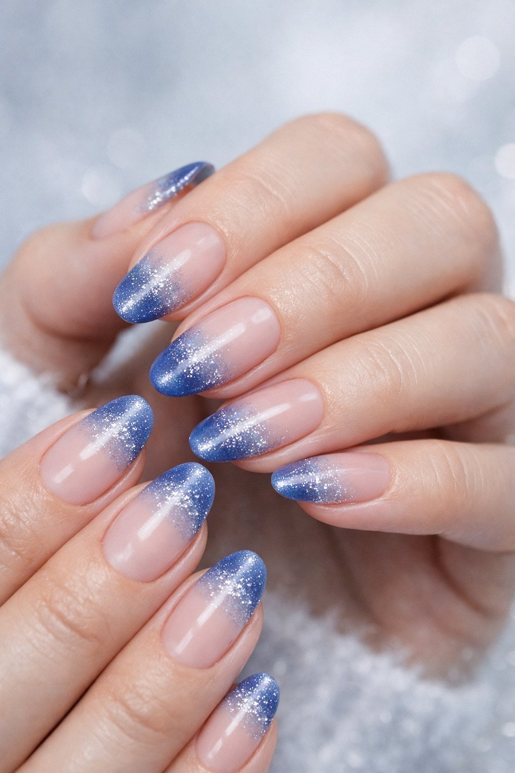 Sheer Nude Blue Glitter Gradient French Short Oval Nails Sheer Nude Blue Glitter Gradient French Short Oval Nails — Winter Blue Nails
