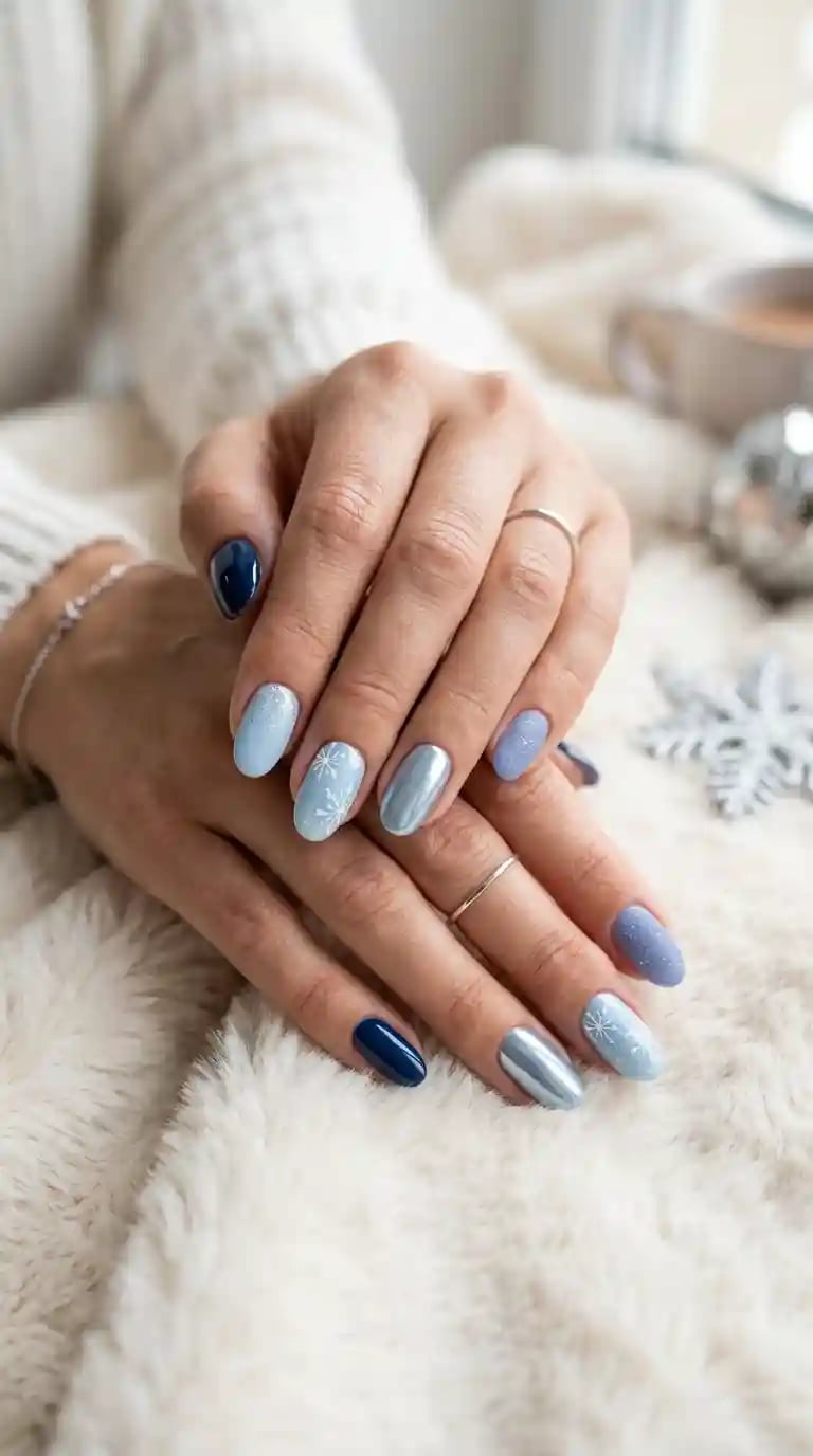 Various Blue Shades Snowflake Short Oval Nails Various Blue Shades Snowflake Short Oval Nails — Winter Blue Nails