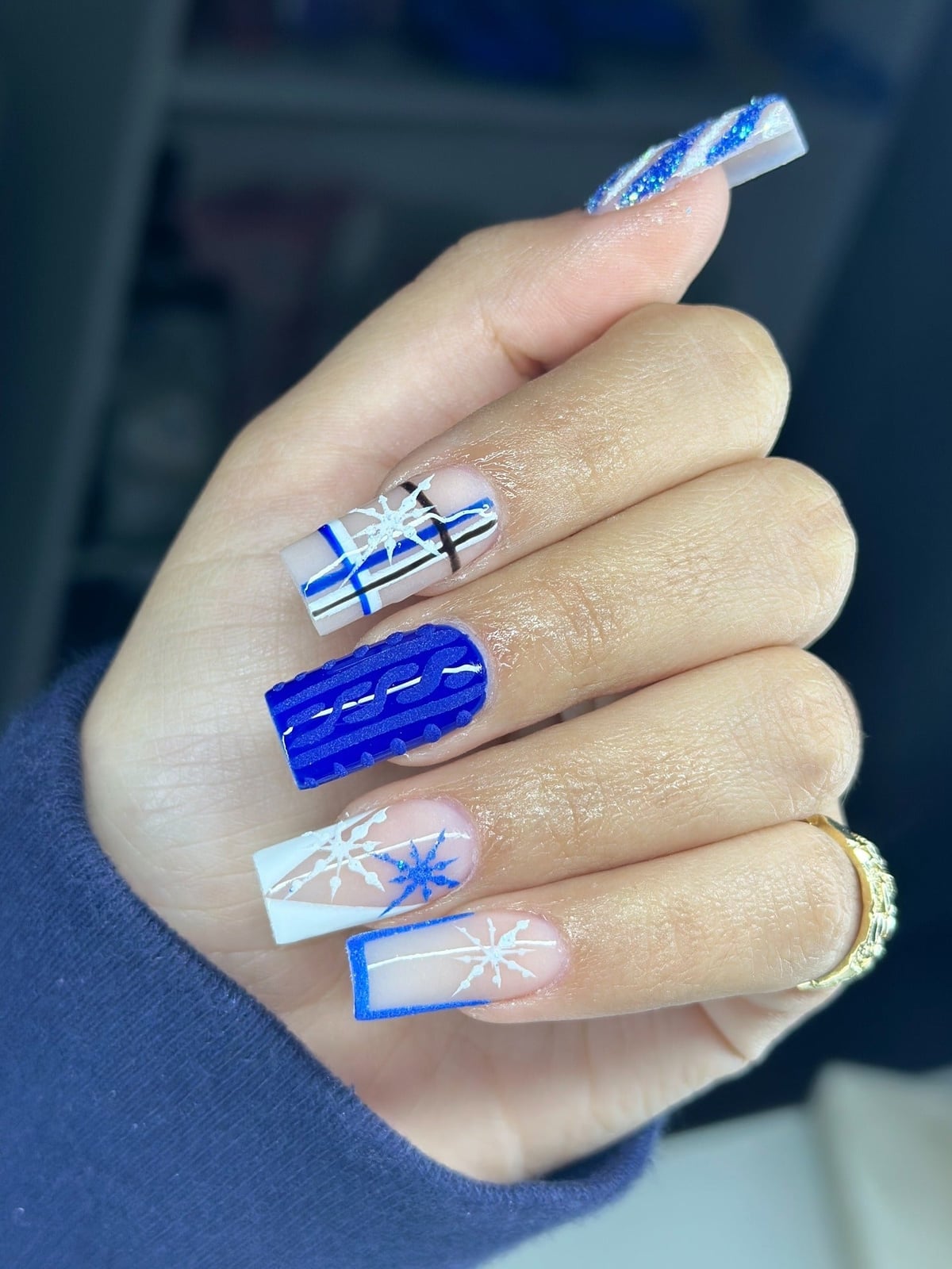 Blue White Snowflake French Tip Long Square Nails Blue White Snowflake French Tip Long Square Nails — Winter Blue Nails