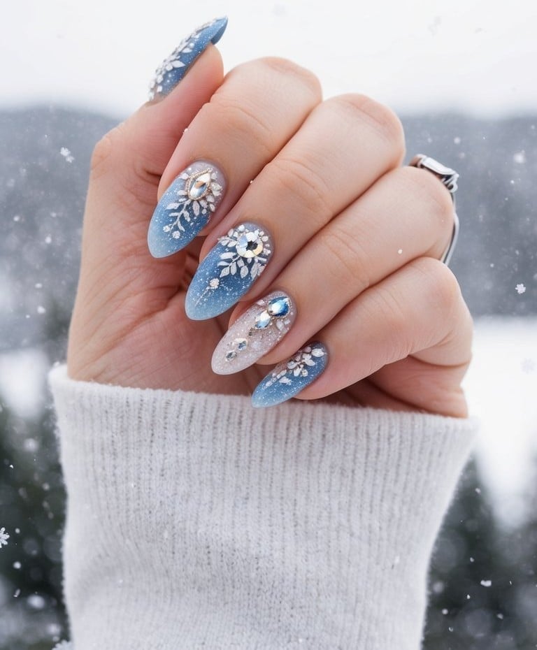 Blue Glitter Gradient Snowflake Almond Nails Blue Glitter Gradient Snowflake Almond Nails — Winter Blue Nails