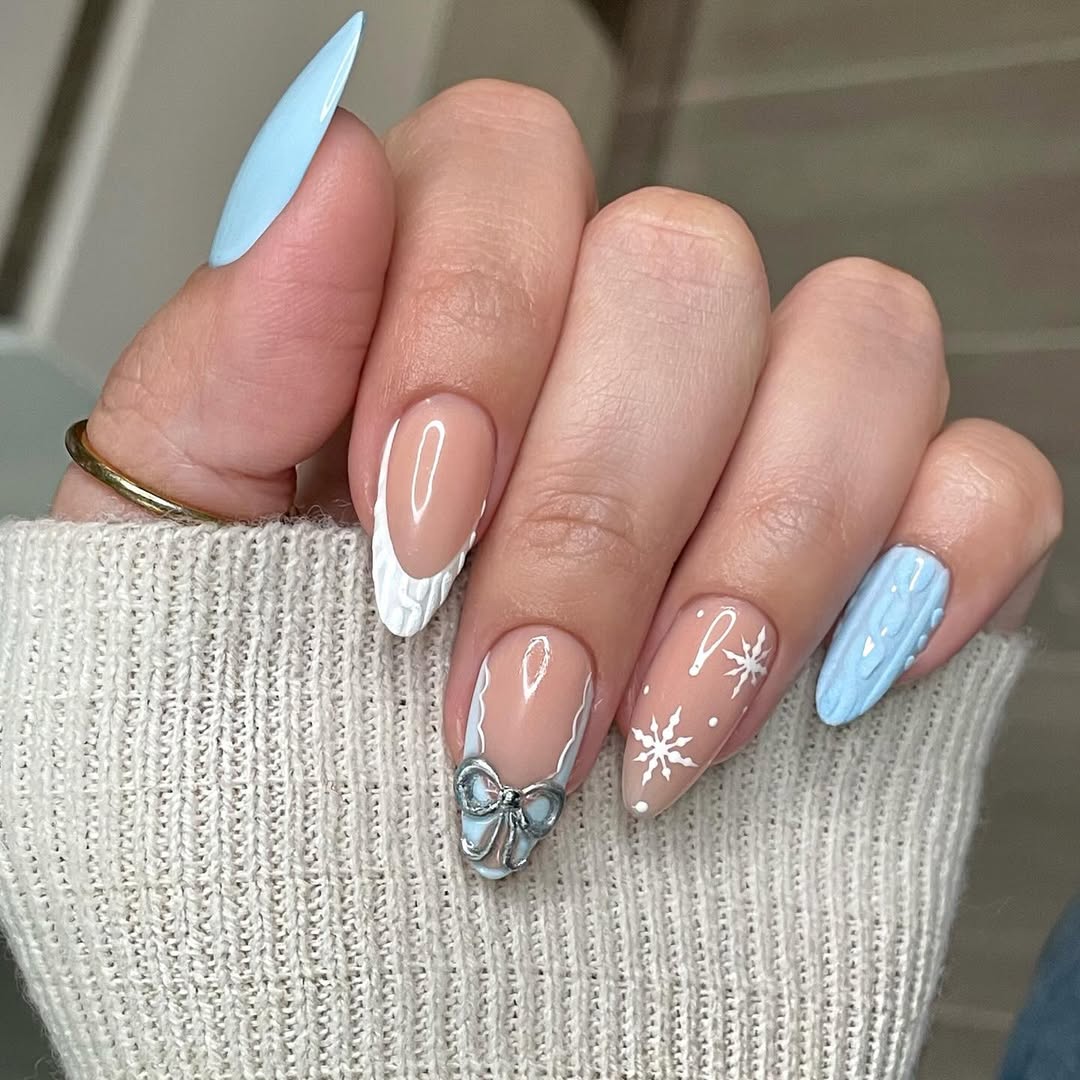 Light Blue French Tip 3D Bow Almond Nails Light Blue French Tip 3D Bow Almond Nails — Winter Blue Nails