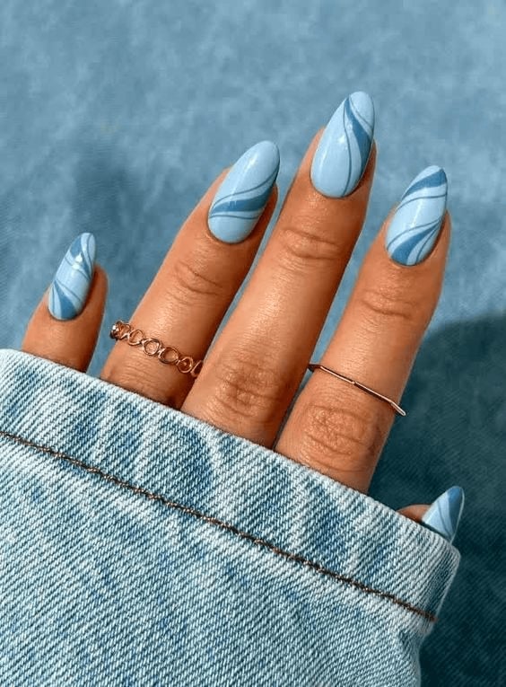Light Blue Abstract Wavy Lines Medium Almond Nails Light Blue Abstract Wavy Lines Medium Almond Nails — Winter Blue Nails