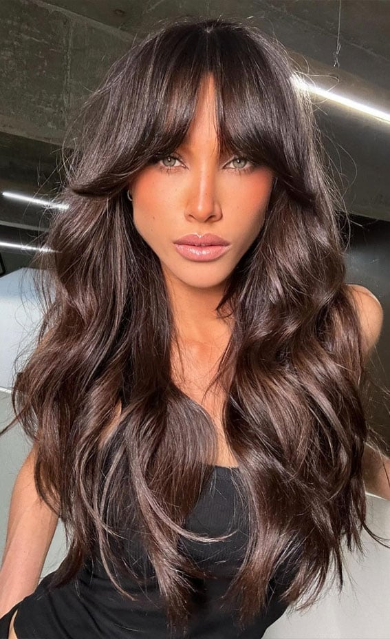 45 Winter Hair Colour Inspiration You Can't Miss : Dark Chocolate Layers with Curtain Fringe