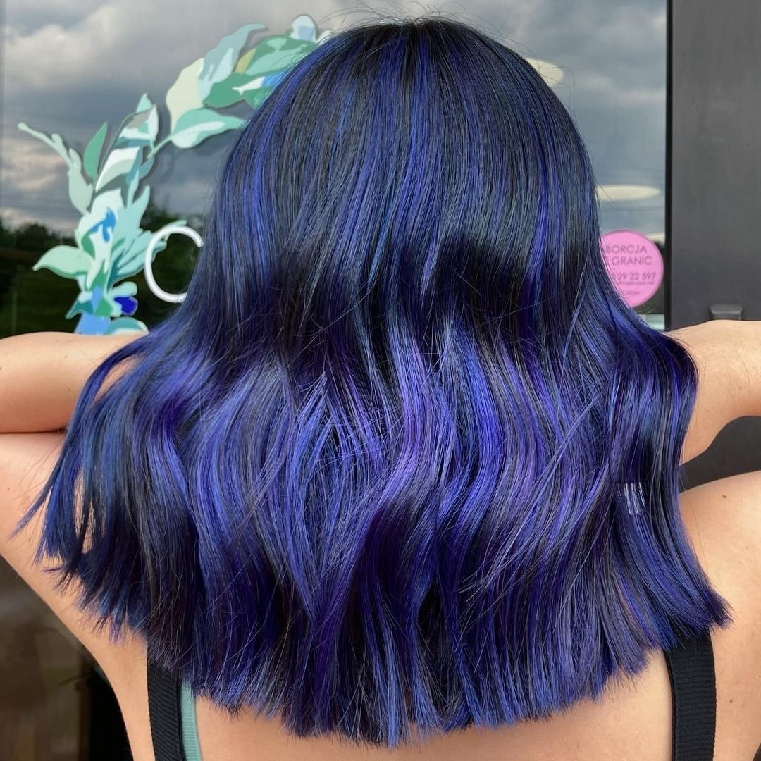 Chin Length Blunt Bob With Blue Purple Highlights Chin Length Blunt Bob With Blue Purple Highlights — Winter Hair Colors