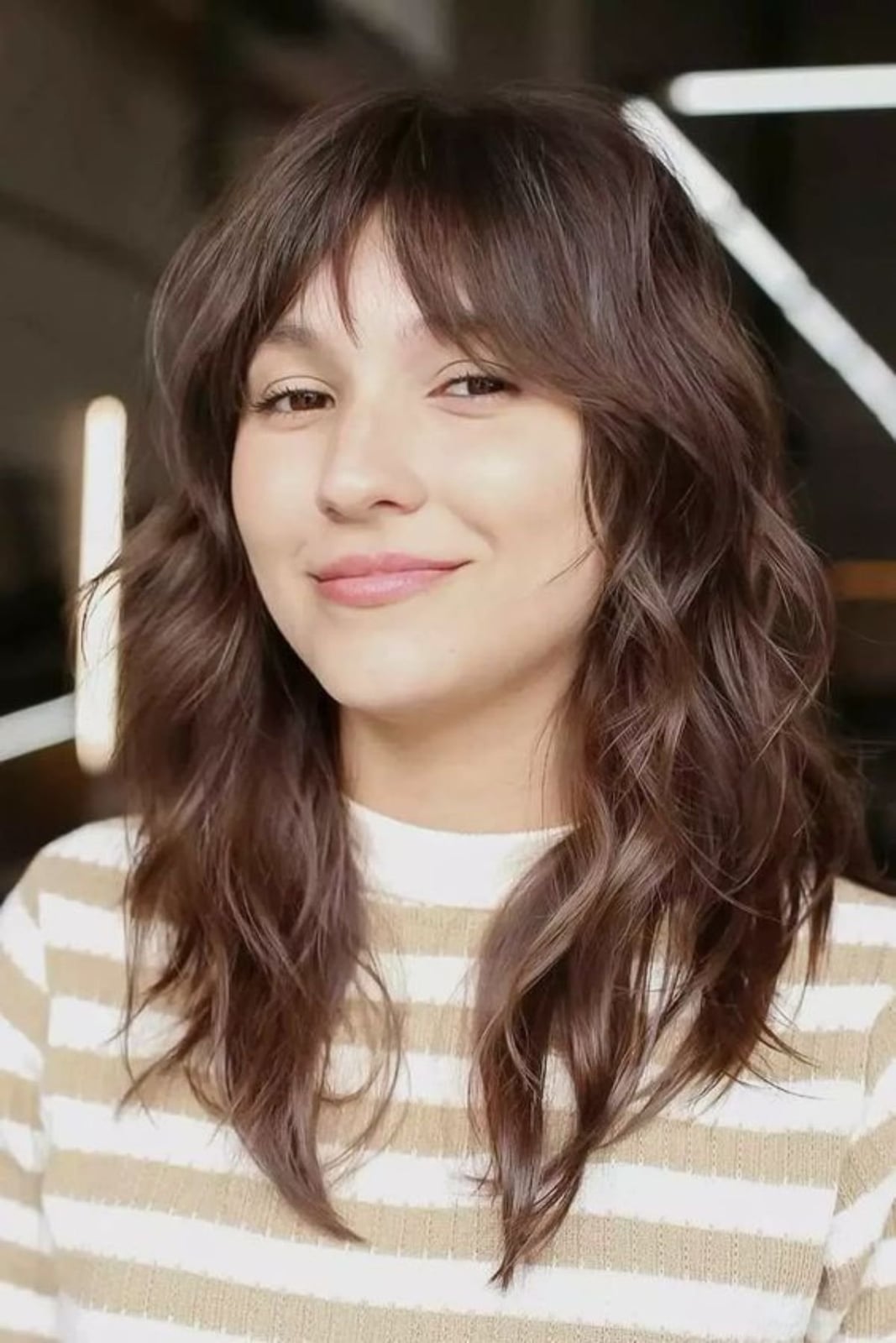Collarbone Shag With Curtain Bangs, Dark Brown With Subtle Highlights Collarbone Shag With Curtain Bangs, Dark Brown With Subtle Highlights — Winter Haircuts for Women